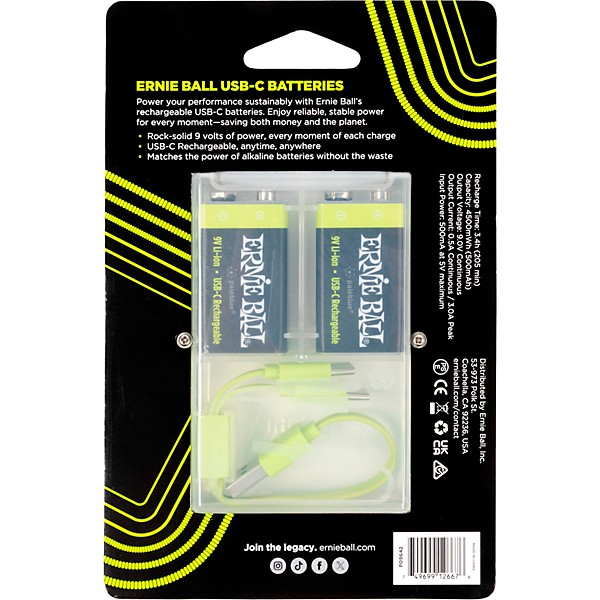 Ernie Ball USB-C Rechargeable Battery 9V (2-Pack)