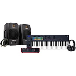 Novation FLkey Keyboard Controller with Focusrite 2i2 USB Audio Interface and Adam Audio D3V 3-inch Studio Monitor Pair Package (Cables & Headphones Included) 49 Key Package