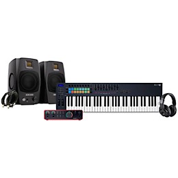 Novation FLkey Keyboard Controller with Focusrite 2i2 USB Audio Interface and Adam Audio D3V 3-inch Studio Monitor Pair Package (Cables & Headphones Included) 61 Key Package
