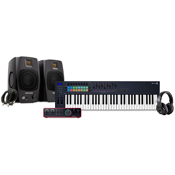 Novation FLkey Keyboard Controller with Focusrite 2i2 USB Audio Interface and Adam Audio D3V 3-inch Studio Monitor Pair Pa...