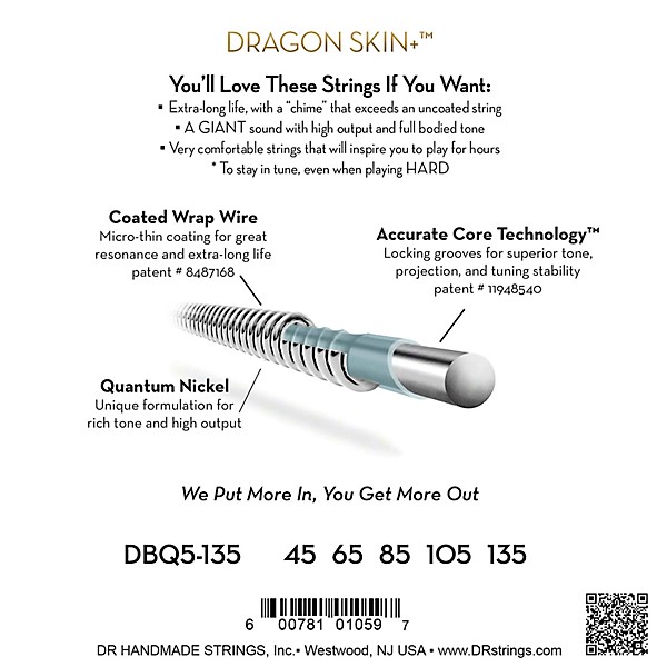 DR Strings Dragon Skin+ Quantum Coated Accurate Core Technology 5-String Electric Bass Strings (45-135)