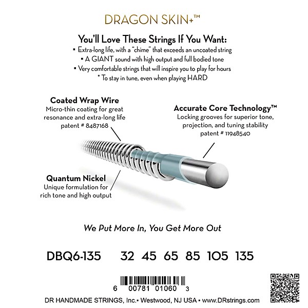 DR Strings Dragon Skin+ Quantum Coated Accurate Core Technology 6-String Electric Bass Strings (32-135)