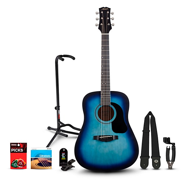 Mitchell Launch D75S Starter Dreadnought Acoustic Guitar With Accessories & Stand Blue Burst