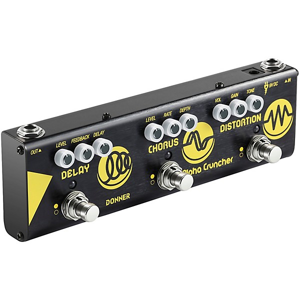 Donner Alpha Cruncher Delay/Chorus/Distortion Multi-Effects Pedal - Black and Yellow