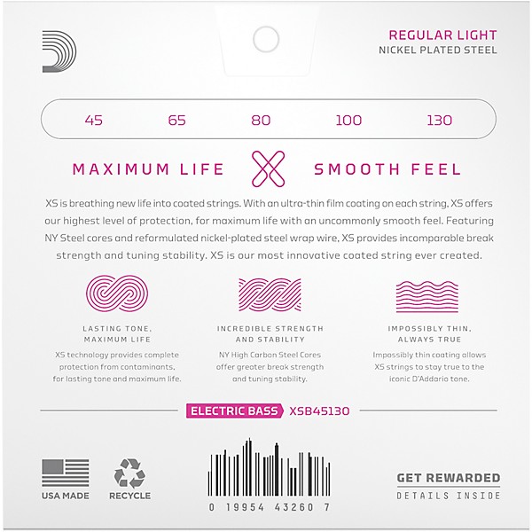 D'Addario XS Nickel Bass Electric Bass Guitar Strings - Regular Light (45 - 130)