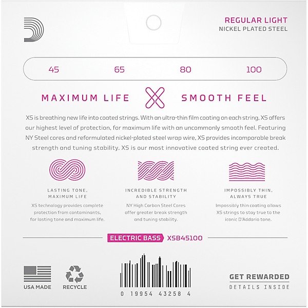 D'Addario XS Nickel Bass Electric Bass Guitar Strings - Regular Light (45-100)