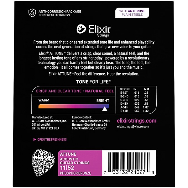 Elixir Attune Phosphor Bronze Acoustic Guitar Strings - Custom Light (11-52)