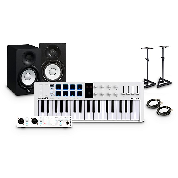Arturia MiniLab 3 37-Key Controller Bundle With Minifuse 2 Interface, Yamaha HS5 Monitor Pair and Stands/Cables - White