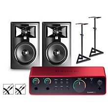 Focusrite Scarlett 2i2 4th Gen With JBL 3 Series Studio Monitor Pair Bundle (Stands & Cables Included)
