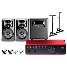 Focusrite Scarlett 2i2 4th Gen With JBL 3 Series Studio Monitor Pair & LSR Subwoofer Bundle With Stands & Cables Included