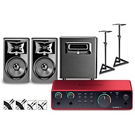 Focusrite Scarlett 2i2 Gen 4 With JBL 3 Series Studio Monitor Pair & LSR Subwoofer Bundle With Stands & Cables Included