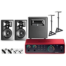 Focusrite Scarlett 2i2 Gen 4 with JBL 3 Series Studio Monitor Pair & LSR Subwoofer Bundle (Stands & Cables Included)