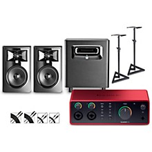 Focusrite Scarlett 4i4 4th Gen With JBL 3 Series Studio Monitor Pair & LSR Subwoofer Bundle (Stands & Cables Included)