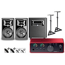 Focusrite Scarlett Solo 4th Gen With JBL 3 Series Studio Monitor Pair & LSR Subwoofer Bundle (Stands & Cables Included)