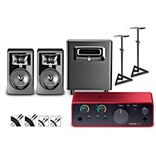 Focusrite Scarlett Solo Gen 4 with JBL 3 Series Studio Monitor Pair & LSR Subwoofer Bundle (Stands & Cables Included)